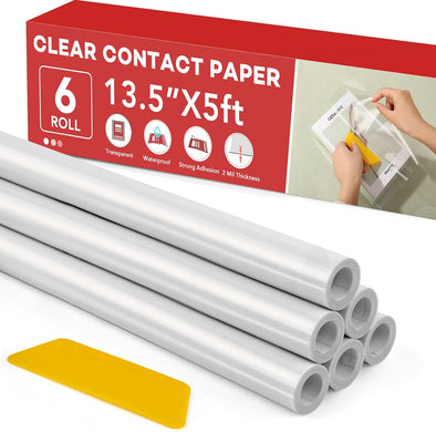 6 Rolls Clear Contact Paper,Plastic Book Covers 13.5 in X 5 Ft,Contact Paper Peel and Stick,Clear Self Adhesive Protective Liner Paper Protector for Crafts Paperback Textbook Hard Covers Documents