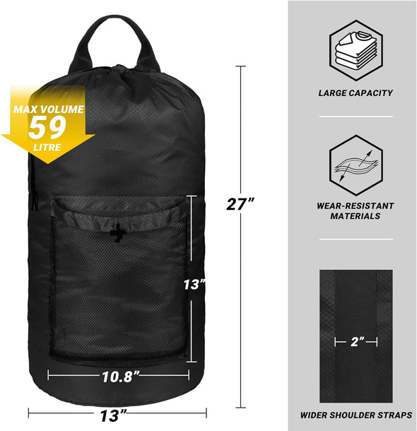 Laundry Bag with Shoulder Straps and Mesh Pocket Laundry Backpack Large Portable Laundry Hamper for College Laundromat Apartment (Black)