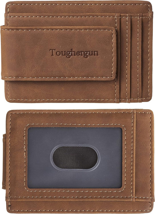 Toughergun Slim Minimalist Wallet for Men with Magnetic Money Clip Leather Wallet, Credit Card Holder RFID Blocking Front Pocket Holds Cash and Cards