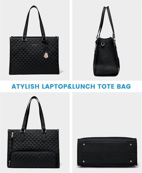 LOVEVOOK Lunch Tote Bag for Women, 15.6 Inch Laptop Bag with Insulated Lunch Compartment, Quilted Large Capacity Computer Handbag with Purse for Business, Work, Nurse, Office, Collage, Casual, Black