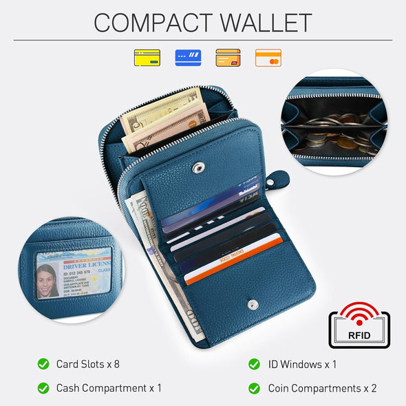 Small Wallet for Women, Genuine Leather RFID Blocking Credit Card Holder Slim Compact Coin Purse Women'S Wallets with ID Window 8 Card Slots
