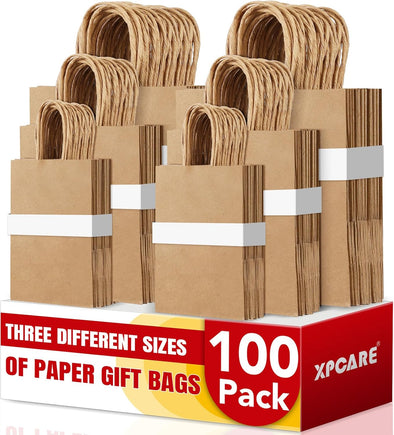 XPCARE 100PCS Brown Paper Bags with Handles, Three Different Sizes of Bulk Brown Gift Bags 5.25X3.25X8.25 & 8X4.5X10 & 10X5X13 Inch Grocery Retail Kraft Paper Bags for Party Birthday Shopping Takeaway