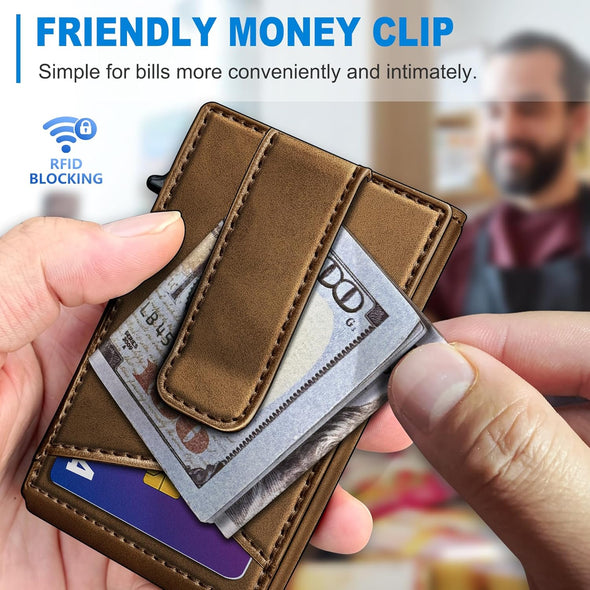 Airtag Wallet Mens Wallet with Money Clip Gift Boxed,Slim Front Pocket Wallet RFID Blocking Pop-Up Card Case in Magnetic Leather Flip