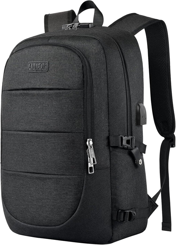 AMBOR Travel Laptop Backpack for Ｍen, 15.6-17.3 Inch Laptop Backpack for School, anti Theft Business Work Backpack with USB Charging Port, Water Resistant College Computer Bag for Men & Women, Black