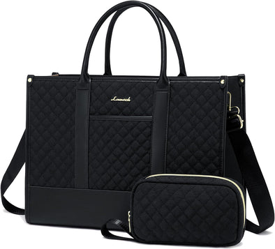 LOVEVOOK Laptop Bags for Women, 15.6 Inch Waterproof Work Tote Bag with Clutch, Professional Teacher Computer Purse Lightweight Shoulder Bag Travel, Quilted Black