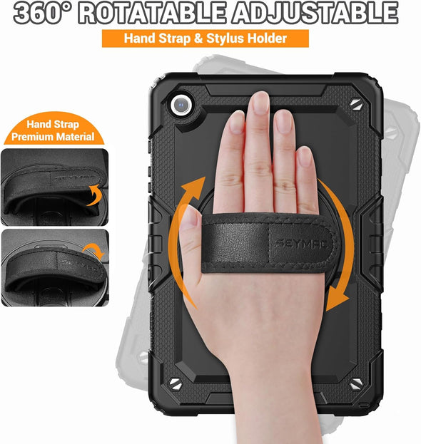 SEYMAC Case for Samsung Galaxy Tab A9+/ A9 plus Case 11" 2023 (SM-X210/X216/X218), Heavy Duty Shockproof Protective Case with Screen Protector, Rotating Stand and Hand/Shoulder Strap, Black