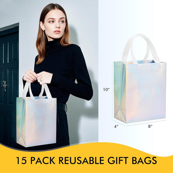 RACETOP 15 Pcs Iridescent Glossy Gift Bags Medium Size, 8X4X10 Inch Holographic Reusable Gift Bags with Handles & Sturdy Base, Ideal for Birthday, Wedding, Bachelorette, Party Favors, Holiday Goodie