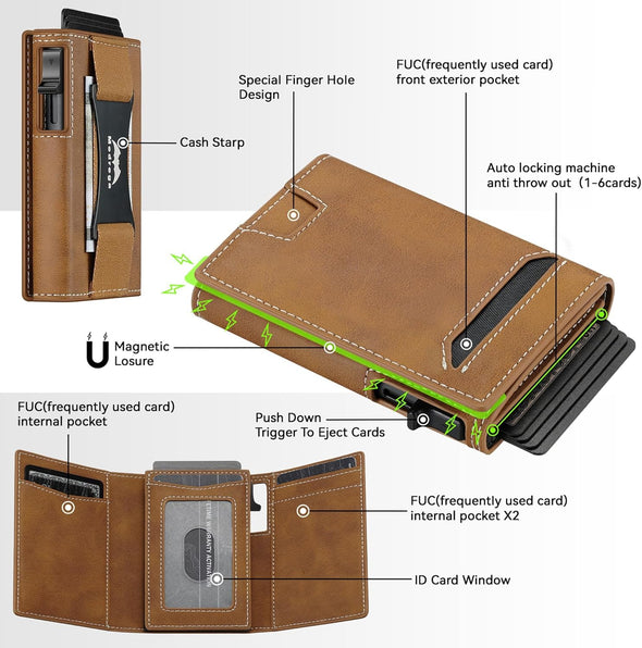 Leather Wallet for Men Slim Minimalist: Smart Pop up Wallet with Cash Strap - RFID Front Pocket Trifold Credit Card Holder - Gift for Man Husband at Anniversay Brithday