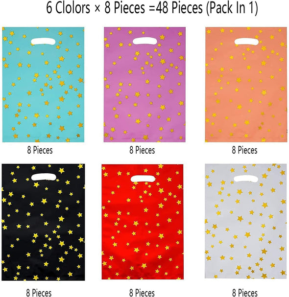HABILE 48 Pieces of Thicker Gift Bags with Handles, Plastic Party Candy Bags with Sparkling Stars, Suitable for All Kinds of Holiday Parties