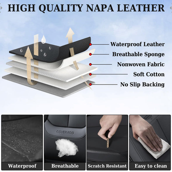 Coverado Nappa Leather Car Seat Covers Full Set, Waterproof  Car Seat Cover, Fit for Most Cars - Black