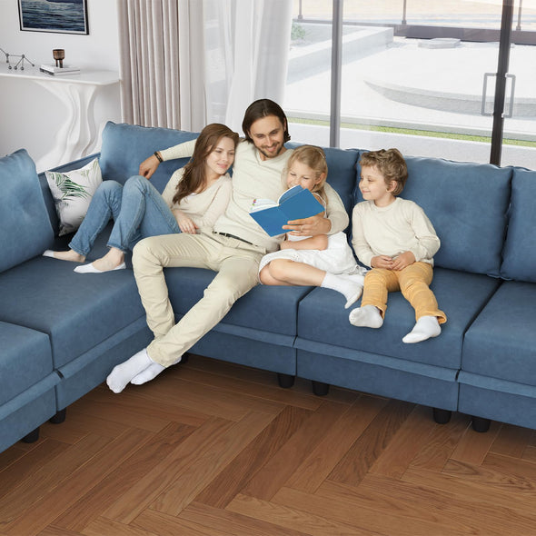 LLappuil Modular Faux Leather Sectional Sofa with Storage, 111.8" Width, 6 Seat - Navy Blue