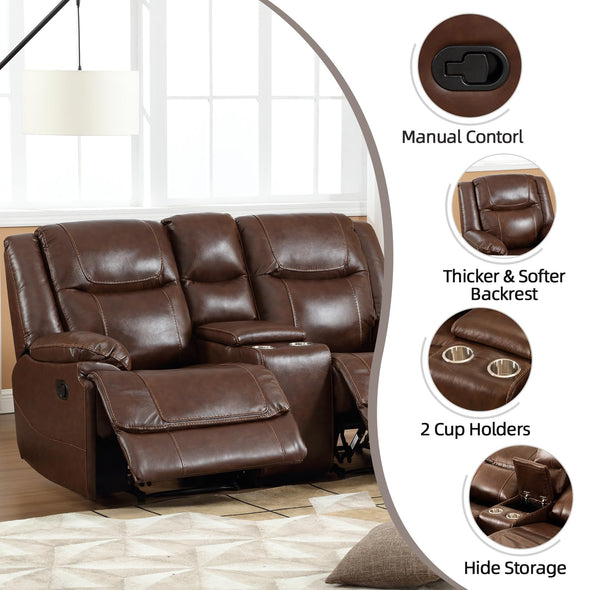 EBELLO Genuine Leather Manual Loveseat Sofa with Cup Holder & Hidden Storage - Brown