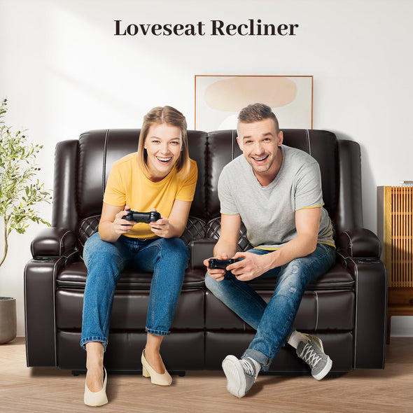 Yolsali Faux Leather Loveseat Sofa with Removable Armrest, 2-Tier Cushions, USB Ports, Cup Holder - Brown