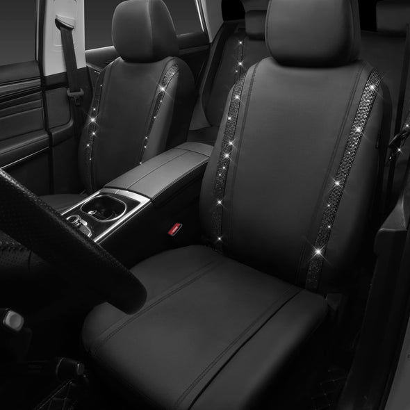 CAR PASS Car Rhinestone Leather Seat Covers Full Set, Rear with Zipper Universal for Cute Women - Black