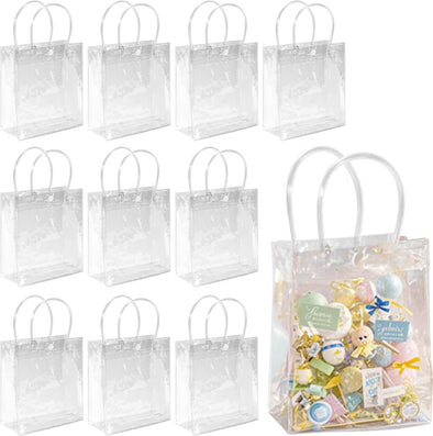 MAQIHAN Clear PVC Gift Bags with Handles 10 PCS PVC Party Favor Bags Transparent Party Favour Plastic Gift Bags 5.9X6.3 Inches Clear Mini Tote Goodie Bag Bulk PVC Plastic Bags with Handles for Gifts