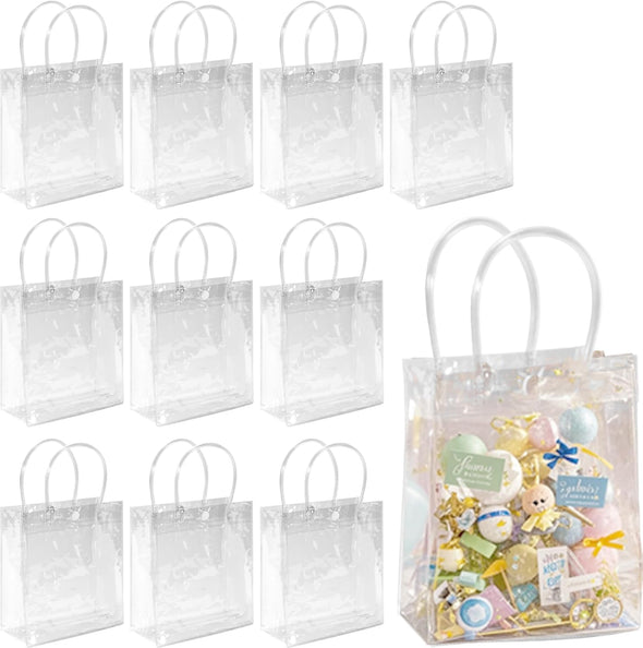 MAQIHAN Clear PVC Gift Bags with Handles 10 PCS PVC Party Favor Bags Transparent Party Favour Plastic Gift Bags 5.9X6.3 Inches Clear Mini Tote Goodie Bag Bulk PVC Plastic Bags with Handles for Gifts