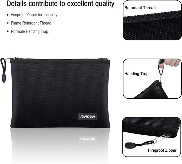 JUNDUN Fireproof Document Bags,14.2”X 10.0”Waterproof and Fireproof Money Bag with Aluminum Foil Lining,Fireproof Safe Storage Pouch with Zipper for Document and Cash，Black