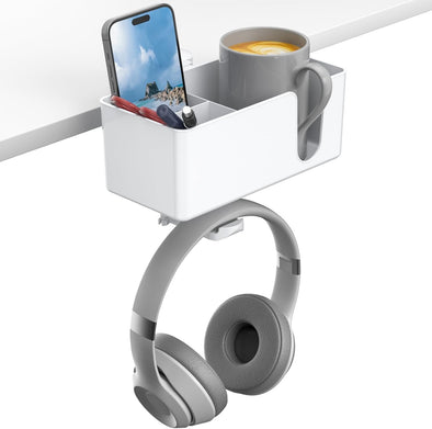 KDD 4-In-1 Desk Organizer - under Desk Cup Holder and Headphone Hanger with 2 Wire Holes - Rotating Hanger and Detachable Storage for Cup, Phone and Pen (White)