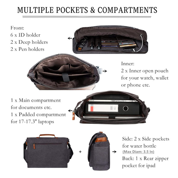 ESTARER Messenger Bag for Men, Waterproof Canvas Laptop Shoulder Bag