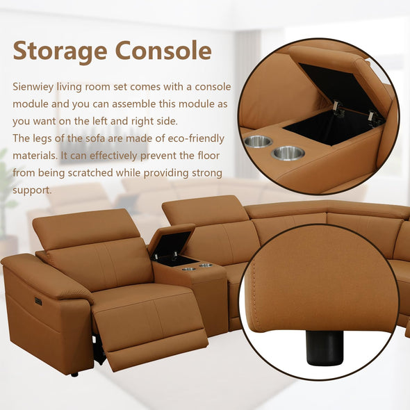 SIENWIEY Power Reclining Leather Sectional Sofa with Console/Cup Holders/USB port/Headrests