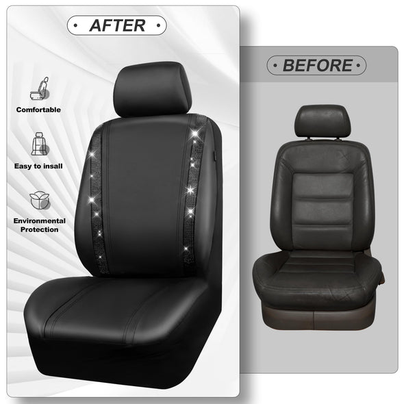 CAR PASS Car Rhinestone Leather Seat Covers Full Set, Rear with Zipper Universal for Cute Women - Black