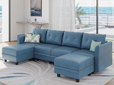 LLappuil Modular Faux Leather Sectional Sofa with Storage, 111.8" Width, 6 Seat - Navy Blue