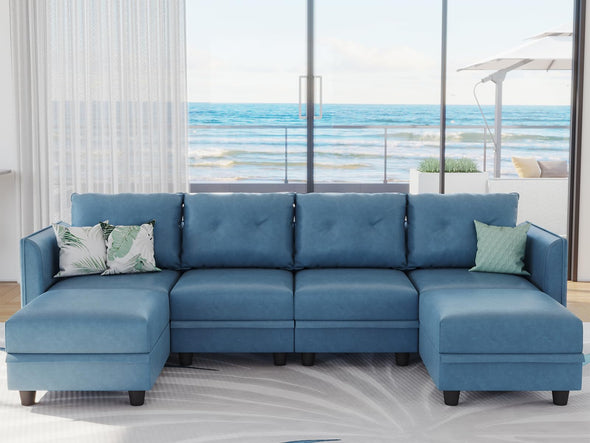 LLappuil Modular Faux Leather Sectional Sofa with Storage, 111.8" Width, 6 Seat - Navy Blue