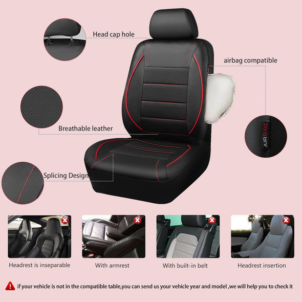 CAR PASS Piping Leather Car Seat Cover, Airbag Compatible,Inside Zipper Design - Full Set, Universal, Black and Red