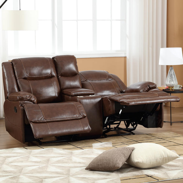 EBELLO Genuine Leather Manual Loveseat Sofa with Cup Holder & Hidden Storage - Brown