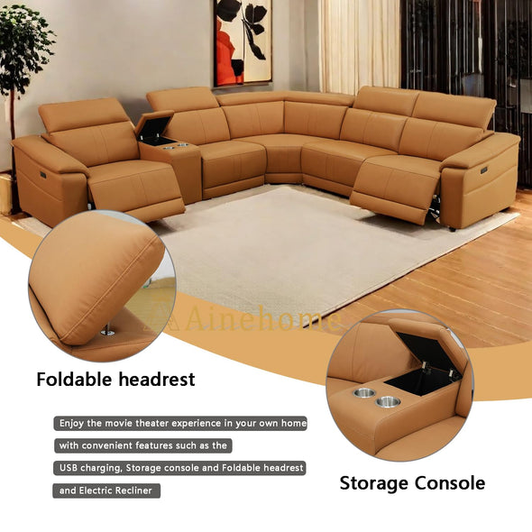 A Ainehome Leather Storage Sectional Sofa, Power Recliner Sofa Set for Living Room
