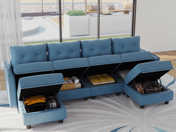 LLappuil Modular Faux Leather Sectional Sofa with Storage, 111.8" Width, 6 Seat - Navy Blue