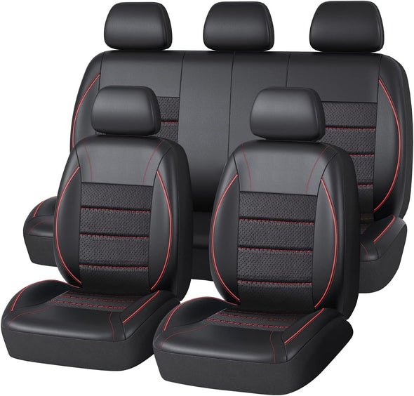 CAR PASS Piping Leather Car Seat Cover, Airbag Compatible,Inside Zipper Design - Full Set, Universal, Black and Red