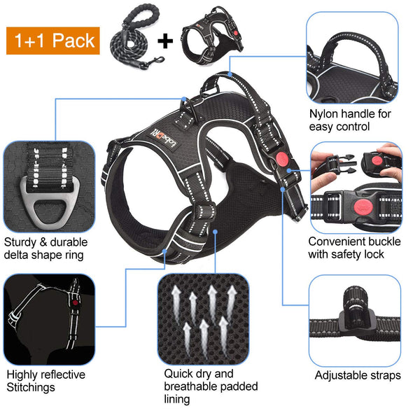 tobeDRI Adjustable No Pull Dog Harness with Reflective & Heavy Duty 5ft Dog Leash - M, Black)