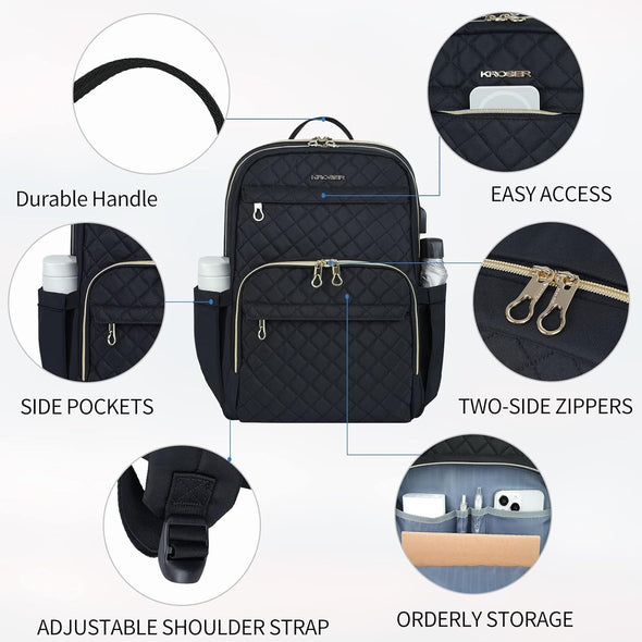 KROSER Laptop Backpack 15.6 Inch Stylish Daypack with USB Charging Port, Water-Repellent Nylon Backpack Backpack for Travel/Business/Women/Black