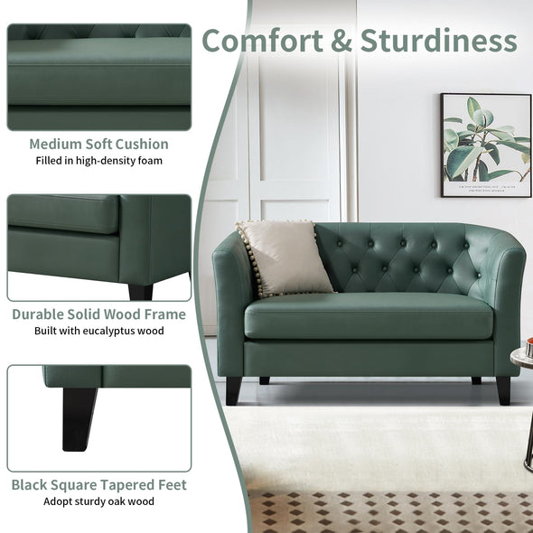 Husbedom 50 Inches Leather Loveseat Sofa with Button Tufted Décor for Bedroom, Living Room - Grey Green