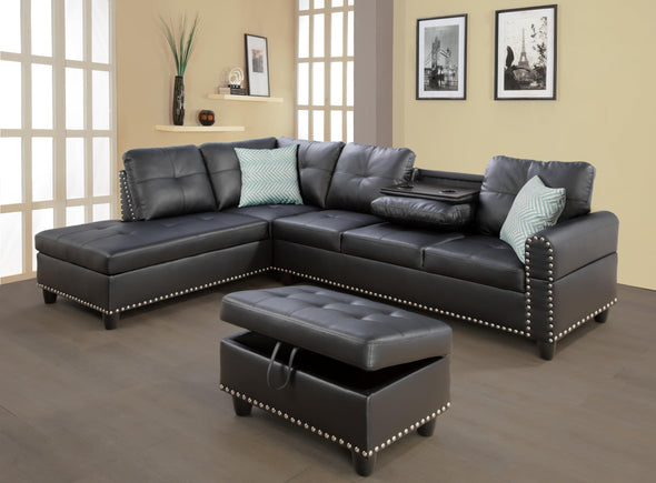 EOVTK 98" Faux Leather Sectional Sofa with Storage Ottoman Cup Holders & L-Shaped Upholstered