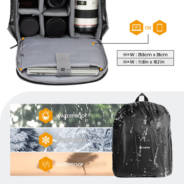 TARION Camera Backpack, Professional DSLR Camera Bag, Photograhy Backpack with Rain Cover Laptop Compartment