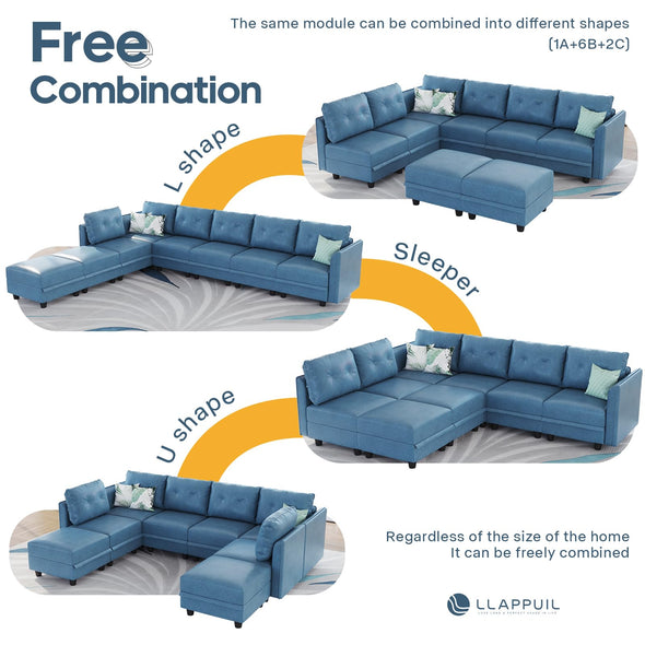 LLappuil Modular Faux Leather Sectional Sofa with Storage, 111.8" Width, 6 Seat - Navy Blue