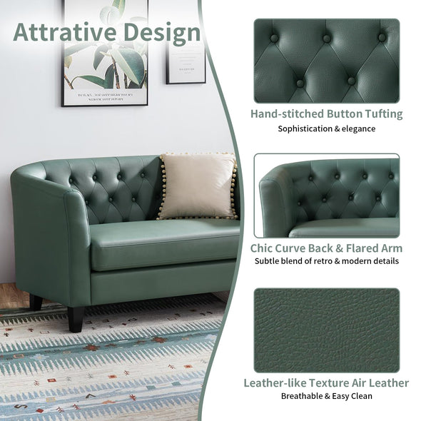 Husbedom 50 Inches Leather Loveseat Sofa with Button Tufted Décor for Bedroom, Living Room - Grey Green