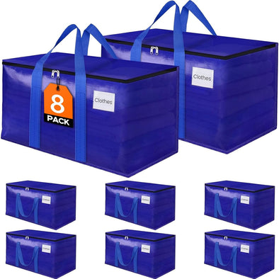 8 Pack Moving Storage Bags Heavy-Duty with Zippers and Reinforced Handles, Moving Supplies Packing Boxes for Moving, Storing, Saving Space, Blue Plastic Storage Totes 93 L (24 Gallon)