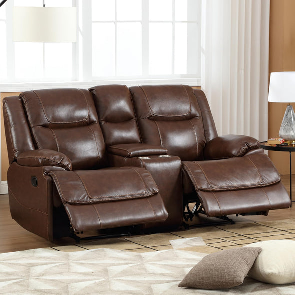 EBELLO Genuine Leather Manual Loveseat Sofa with Cup Holder & Hidden Storage - Brown