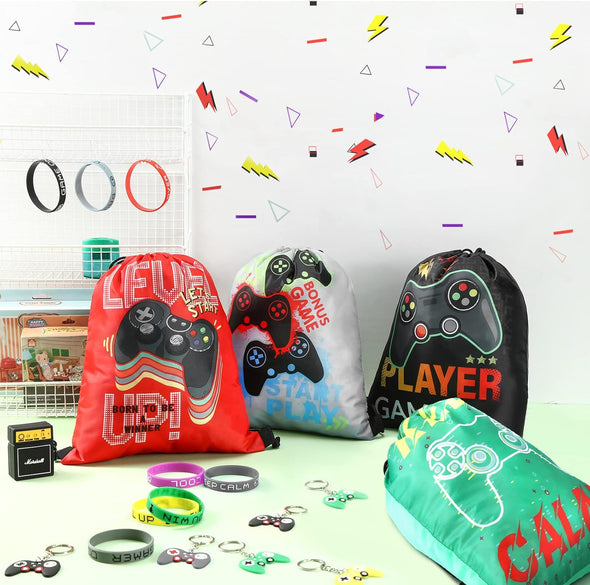 Hungdao 48 Pcs Video Game Party Favors 16 Gamer Party Drawstring Bags Gaming Goodie Bag 16 Wristbands 16 Keychains for Birthday