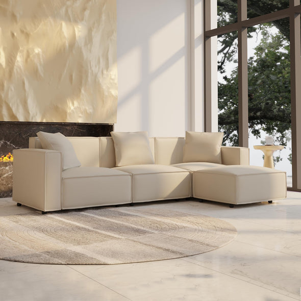 Acanva Luxury Modular Leather Sectional Sofa Set with Ottoman and Chaise, L-Shape, Cream