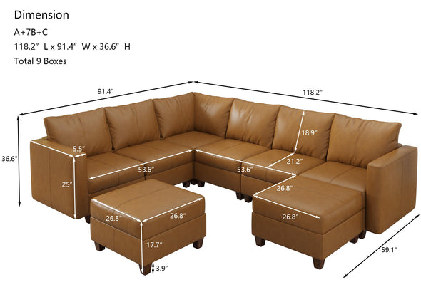 EASE MOOSE Modular Faux Leather Sectional Sofa with Storage, U Shaped - Brown