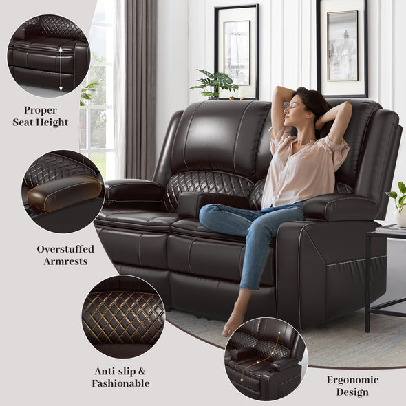 Yolsali Faux Leather Loveseat Sofa with Removable Armrest, 2-Tier Cushions, USB Ports, Cup Holder - Brown
