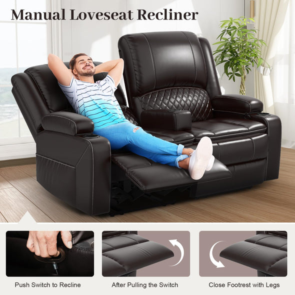 Yolsali Faux Leather Loveseat Sofa with Removable Armrest, 2-Tier Cushions, USB Ports, Cup Holder - Brown