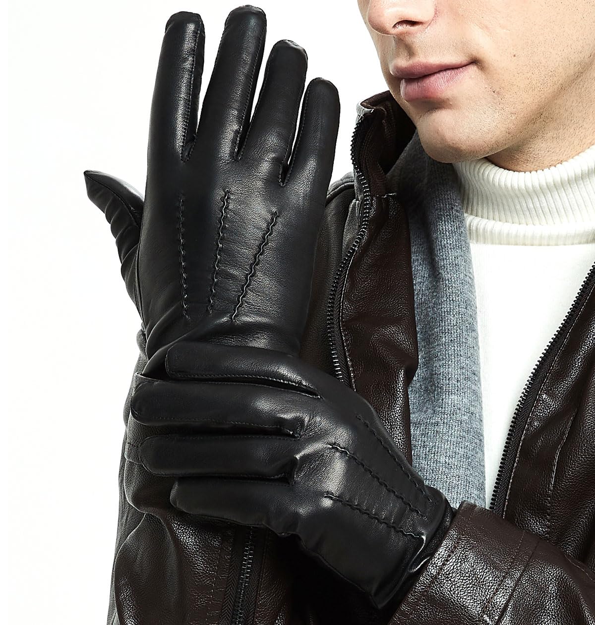 ZLUXURQ Leather Gloves for Men, Cashmere Lined Lambskin Touchsreen Gloves ZLUXURQ Leather Gloves for Men, Cashmere Lined Lambskin Touchsreen Gloves