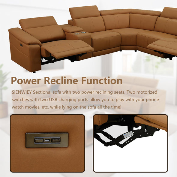 SIENWIEY Power Reclining Leather Sectional Sofa with Console/Cup Holders/USB port/Headrests