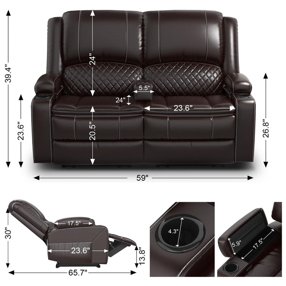 Yolsali Faux Leather Loveseat Sofa with Removable Armrest, 2-Tier Cushions, USB Ports, Cup Holder - Brown