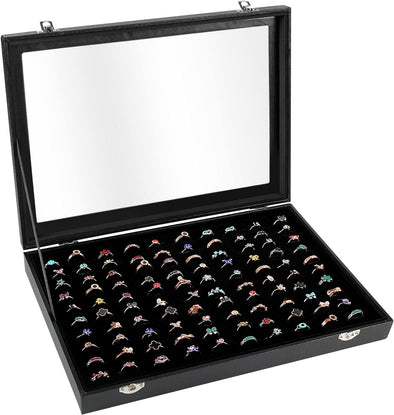 Ring Display Case Organizer Box with Transparent Lid, 100 Slots Ring Storage Display Box Case Tray Holder PU Leather Black